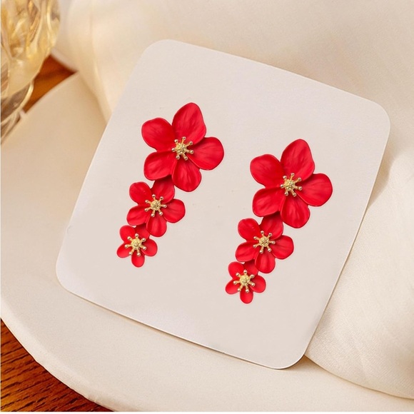 Floral Red Drop Earrings # 45 - Picture 5 of 7